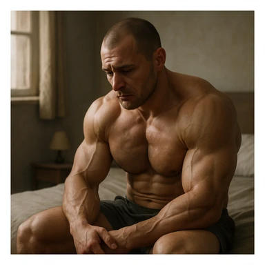 hyperrealistic muscular male bodybuilder, very depressed and downcast, sitting or lying on a bed, sad and dejected expression, gaze lost in the void, realistic environment with soft natural light, melancholic atmosphere, detailed, context suggesting psychogenic problems sticker
