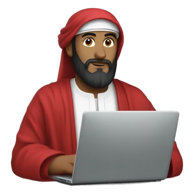 A caliph with red clothes writing in a laptop sticker
