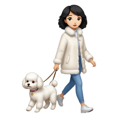 A beautiful black-haired girl walking a Bichon Frise dog sticker