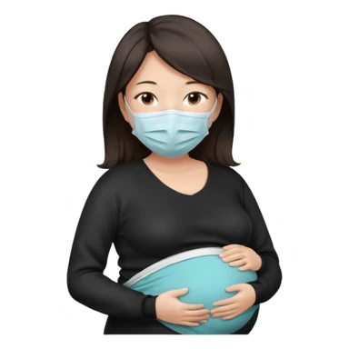 a pregrant chinese lady with dark brown hair? Hair lengt above shoulder, wearing medical face mask, i wanna see the pregnant belly with black sweater sticker