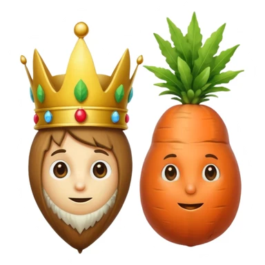 There is a hazelnut with a crown on his head, on his left side is a lemon like a hacker and on his right side is a carrot like a detective sticker
