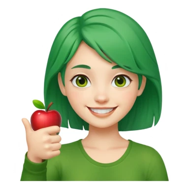 green-haired girl, great expression, confident smile, thumbs up, apple emoji style sticker