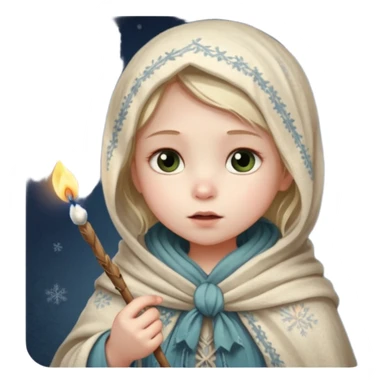 A small girl in a worn winter dress and shawl, holding a glowing matchstick close to her face, eyes wide with soft hope.
 sticker