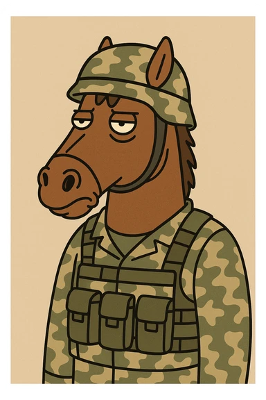 brown horse with an army vibe, cartoon style, wearing camouflage gear and a helmet sticker