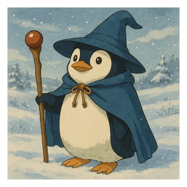 Add a snowy landscape background behind the penguin wizard, keep all original colours and lighting sticker