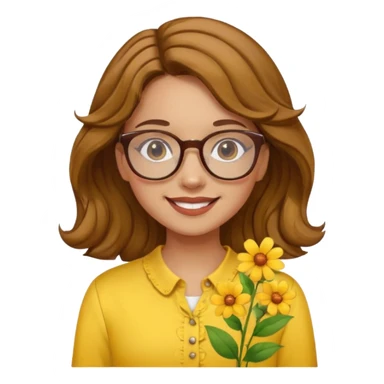 girl with a yellow blouse with flowers, with hair in waves with glasses smiling sticker