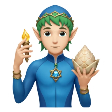 elf male Short wetsuit-style garb, glowing runes on skin, holding a conch horn. sticker