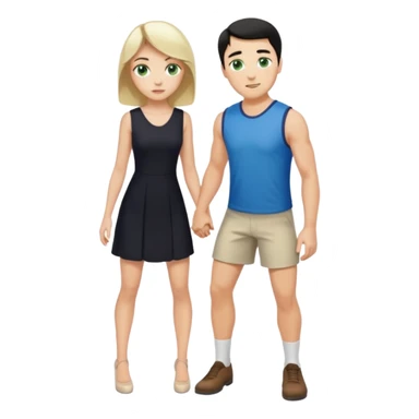 prince, black hair, blue eyes, garment,  woman, blonde Hair, green eyes, bending knee, sleveless white dress, sticker