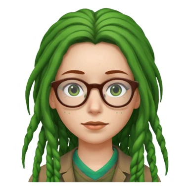 A white Girl with glasses,Brown long hair, grenn dredd sticker