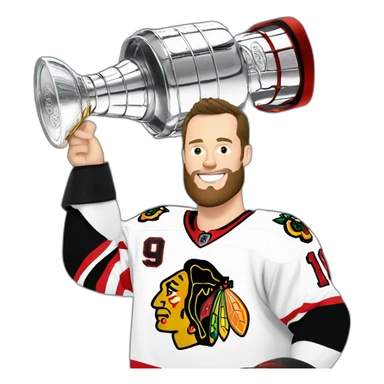 Jonathan Toews holding the Stanley Cup with beard sticker