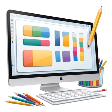 Professional emoji for Graphic Design: a computer screen displaying a design layout, vector shapes, a color palette, and design tools like a pencil and ruler. The icon should represent creativity and precision in graphic design. Transparent background. sticker