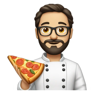 Dark haired chef with beard and big glasses holding a slice of pizza sticker