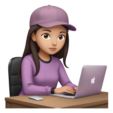 A professional 3D avatar of a young woman with olive skin and long, dark brown hair, wearing a dark, long-sleeved mauve taupe shirt and a black baseball cap. She's sitting at a sleek wooden desk, typing and looking at a silver MacBook.  sticker