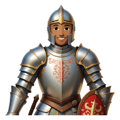 Clash of Clans aesthetic Cheerful Knight Portrait Emoji, With a radiant smile and an upright, confident stance, featuring an elegantly armored figure with intricate detailing and shining accents, his face in a natural skin tone, Simplified yet expressive features, highly detailed, glowing with a soft, luminous aura, high shine, upbeat and noble, stylized with an air of classic medieval heroism, soft glowing outline, capturing the essence of a cheerful knight ready to embark on legendary adventures! sticker