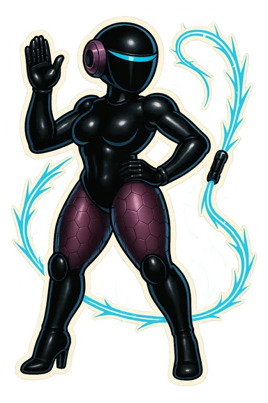 Add electric effects, lightning arcs and glowing sparks around the female robot, keep the retro sticker style, glossy black and purple, transparent background. sticker