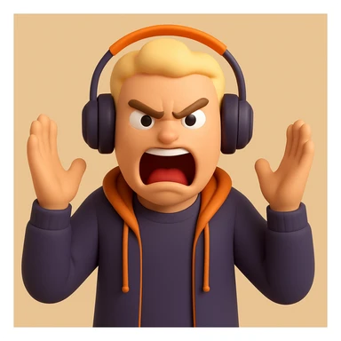 Make the bold guy with headphones look angrier and more intense while screaming in the style of microsoft 3D fluent emojis. sticker
