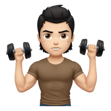 generate a pretty fair bratz boy with a messy mullet (black hair), wearing a brown tshirt. he has big biceps and is ripped. He is holding dumbbells sticker