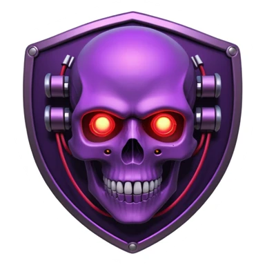 Cyberpunk shield, skull with cybernetic implants, glowing wires, dark purple and red tones, no background sticker