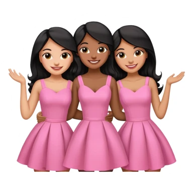 3 besties with professional glammed up looks wearing pink, medium skin tone smiling big with black long hair  sticker