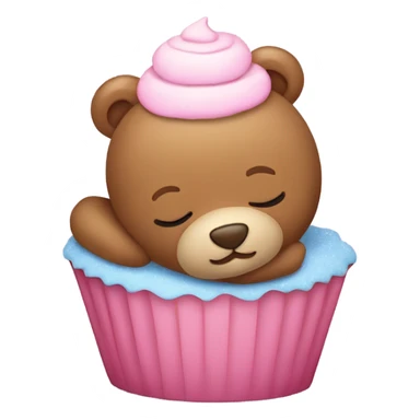 Sleeping teddy bear leaning against a cupcake sticker