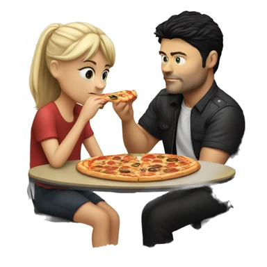 karl urban sitting at a table eating pizza with small white girl with black hair sticker
