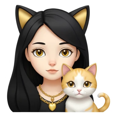 Girl black long hair with whiteish gold cat sticker