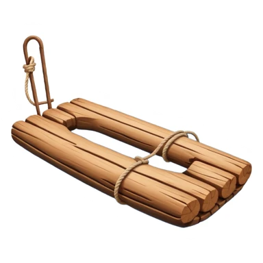 showing a simple wooden raft floating on calm blue water — made of several brown logs tied together with rope — gentle ripples around it — bright, cheerful lighting and soft shadows — minimalist, clean emoji design sticker