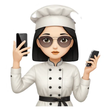 ["A sad woman with light skin, straight hair, wearing a chef hat and sunglasses, dressed in K-pop fashion, is dancing while holding a phone."] sticker