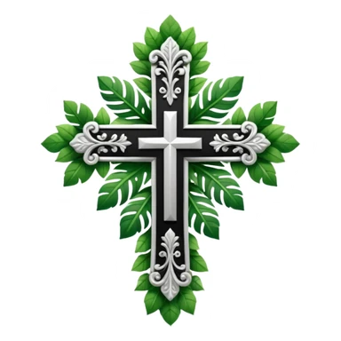 a black and white detailed cross with leaves over the top sticker