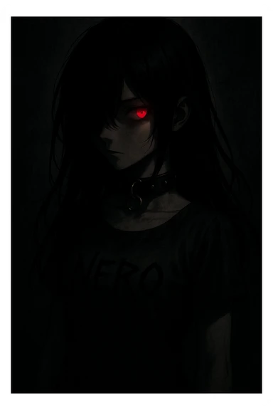 A mysterious anime girl in deep shadows, jet-black hair partially covering her face, turning to her right. Her left eye glows crimson, exuding danger and allure. She wears a dark leather choker with metal rings, and 'NERO' is written in sharp black letters on her dress. sticker