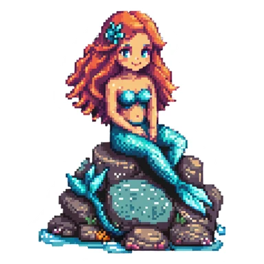 mermaid sitting on a rock underwater, pixel art style, retro look sticker