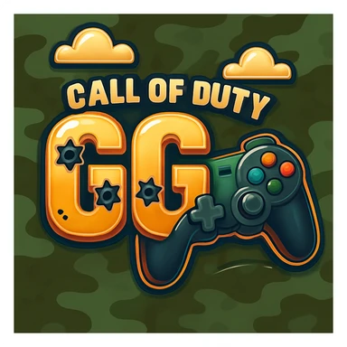 Add a video game controller to the Call of Duty GG emote, maintaining the metallic text, bullet holes, and camo background. sticker