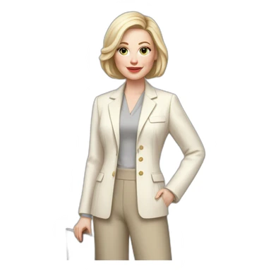 pale skin woman with ash blonde Straightened bob Hair, White Spacious classical jacket, beige palazzo Arrow pants and gray blouse holding a MacBook in the hands sticker