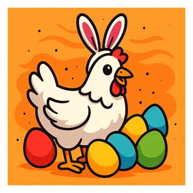 a white hen wearing pink bunny ears, surrounded by colourful eggs, cartoon style sticker