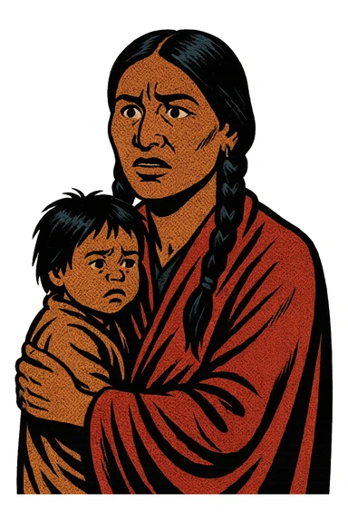 A native American mother and her child from the 1870s looking concerned sticker