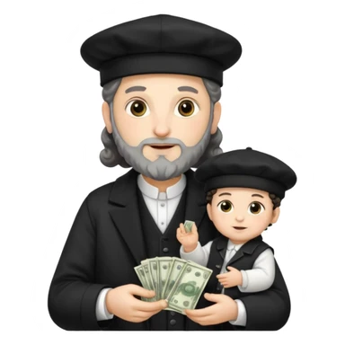 Jewish rabbi wearing traditional religious apparel with two side hair curls holding money and baby sticker