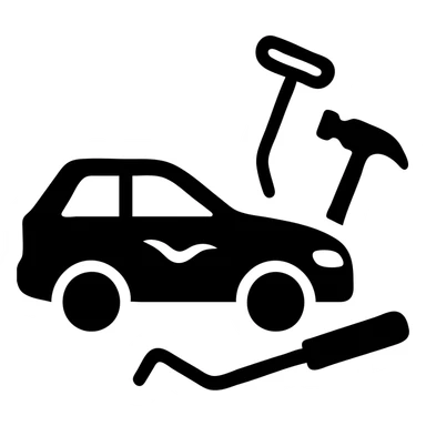 solid filled icon of an elegant car with a visible dent and dent repair tools like a lever and small hammer for Paintless Dent Repair (PDR) sticker