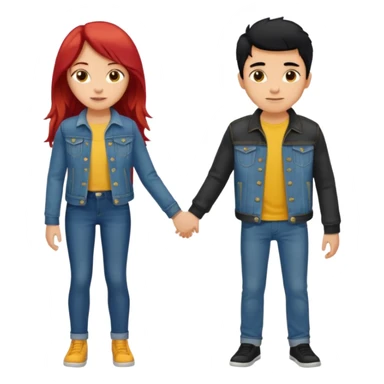 full-length couple, girl with long red hair and brown eyes in blue jeans and yellow top, boy with black hair in denim jacket sticker