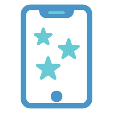 Smartphone icon with three stars, flat emoji style, outline with blue and turquoise colors, screen filled solid white sticker