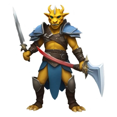     Tall Dragonborn fighter with twin swords  with red blades and yellow Handels and blue scales and black horns   sticker