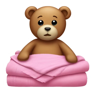 Teddy in bed with pink sheets and a towel sticker
