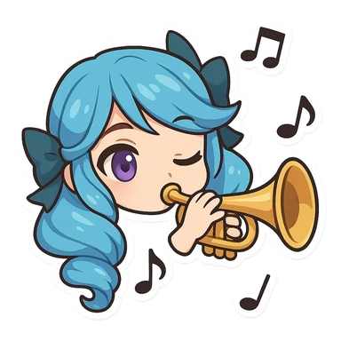 chibi style emote of Gwen from League of Legends, just the head, right eye purple, playing a trumpet, musical notes around sticker