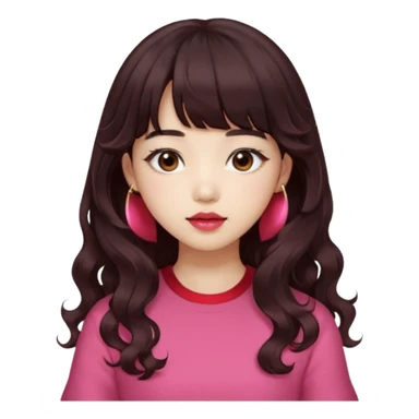 Korean girl, red top, black brown hair, brown eyes, long curly hair, aesthetic, long hair, hime cut, blunt bangs, pink lip, Cool girl sticker