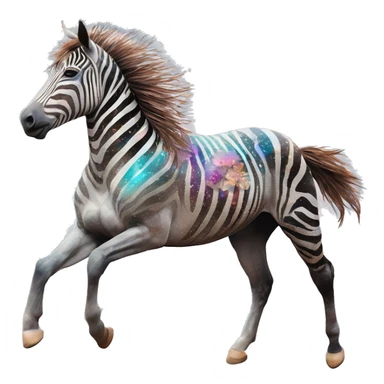 Ethereal zebra newspaper cutting flowers graffiti magazine collage glittering iridescent rich chestnut brown blue mane horse galloping through constellations and nebulas, unicorn Pegasus sticker