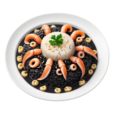 cinematic-realistic-black-risotto-dish-emoji,-showcasing-small squid pieces-rendered-with-bold-textures-and-dynamic,-dramatic-lighting. sticker