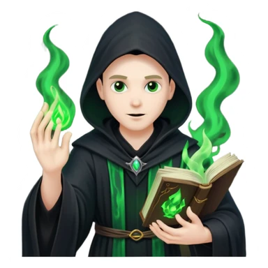 A dark sorcerer in flowing black robes, conjuring eerie green flames sticker