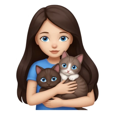 a pretty girl with long dark brown hair, with blue eyes, hugs 3 different natural coloured small cats sticker