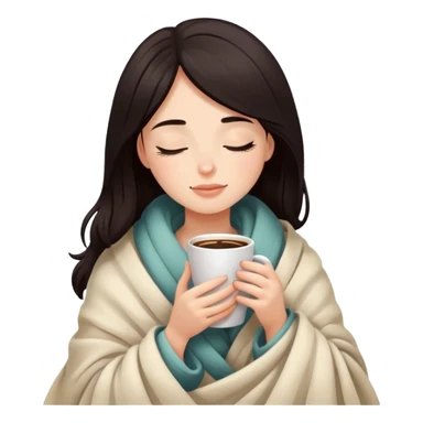 Girl with dark hair snuggled in warm blanket enjoying coffee with peaceful closed eyes sticker