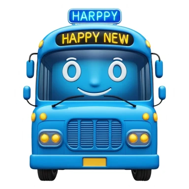 3D emoji of a modern blue
Moscow Electrobus decorated with glowing neon Christmas lights and a
"Happy New Year" digital sign on the front. Stylized 3D model, glossy finish, cute proportions, vibrant blue color, isolated on a white background. sticker