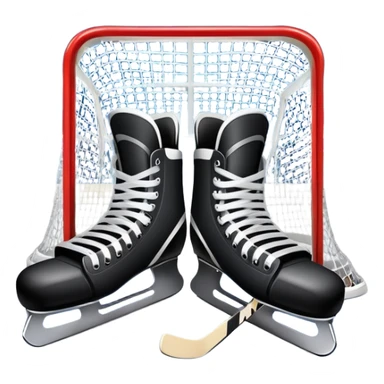 An icon showing a close-up of a hockey stick, puck, skates, and hockey net placed on the ice. The background features a packed stadium with bright lights, cheering fans, and snowy scenery outside. Transparent background highlights the key elements of the game. sticker